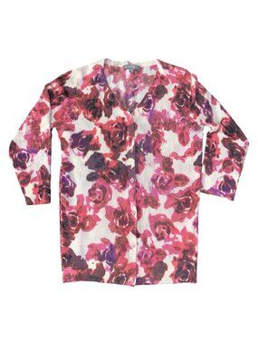 Neiman Marcus The Cashmere Collection 100% Cashmere Pink & Red Floral Cardigan